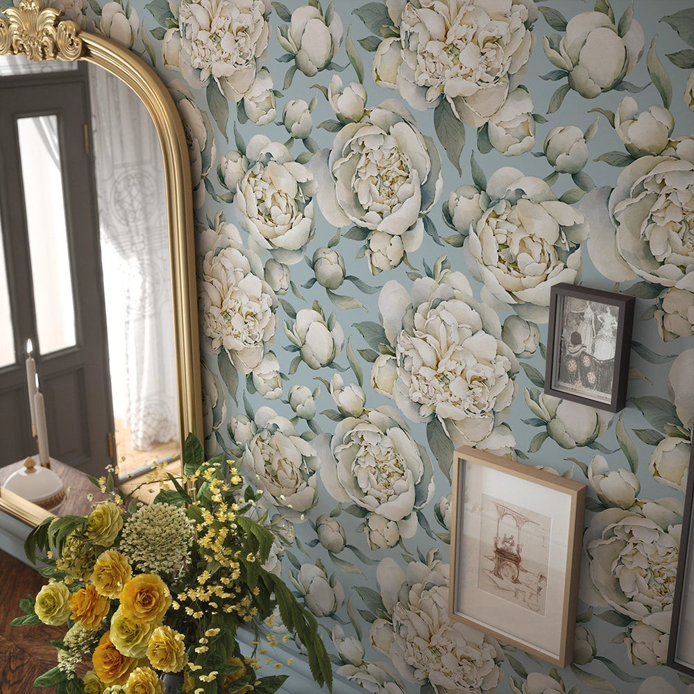 English Garden Peonies Wallpaper - Mineral Mist - Lucie Annabel