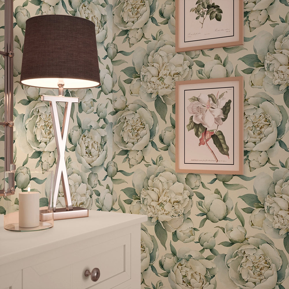 English Garden Peonies Wallpaper - Vintage Cream - Lucie Annabel