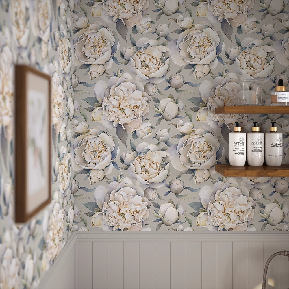 English Garden Peonies Wallpaper - Vintage Grey - Lucie Annabel