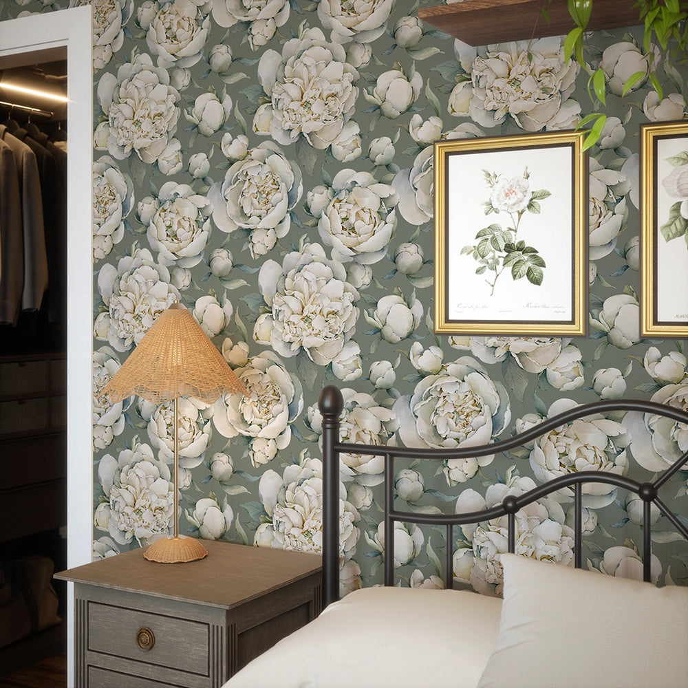 English Garden Peonies Wallpaper - Wild Nettle Green - Lucie Annabel