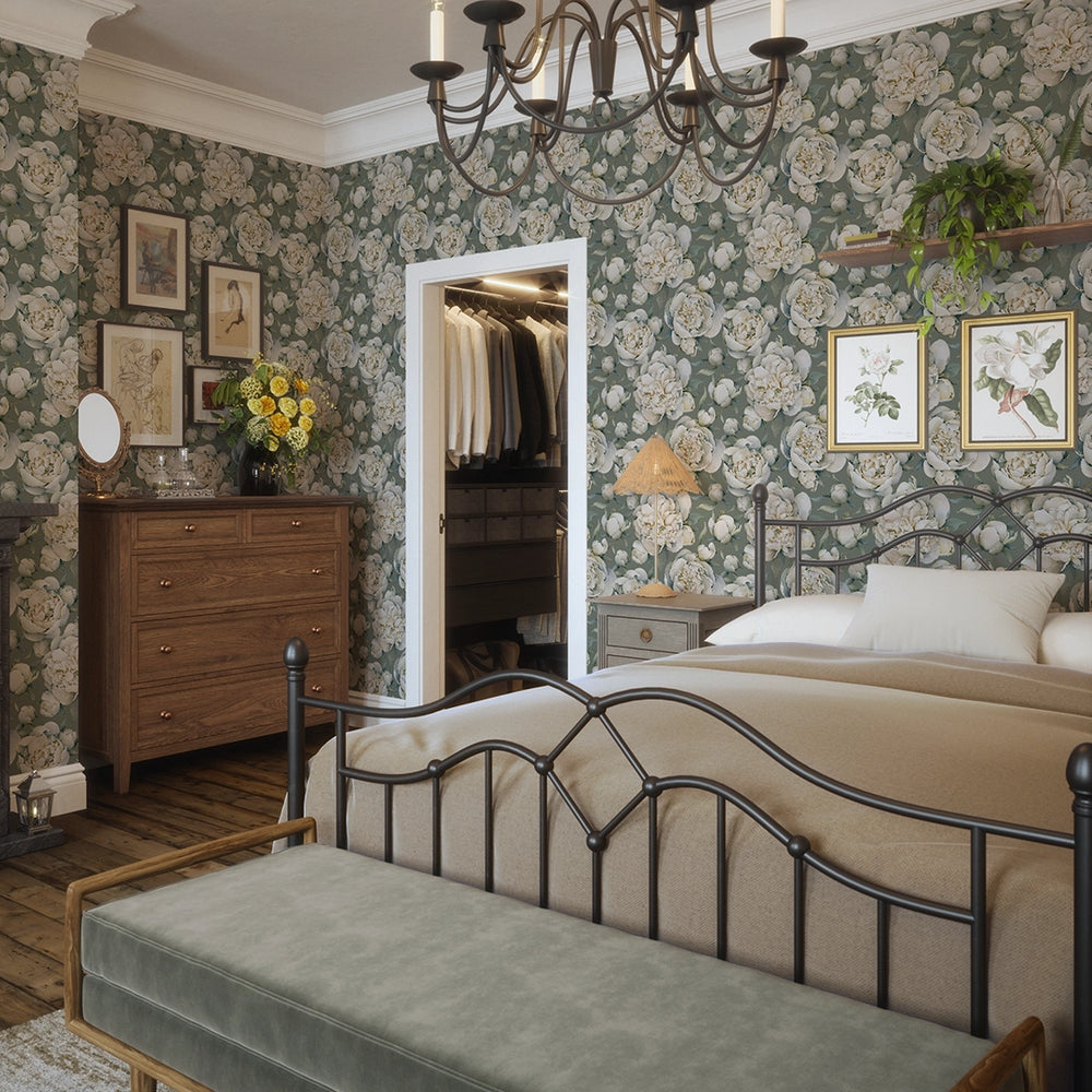 English Garden Peonies Wallpaper - Wild Nettle Green - Lucie Annabel