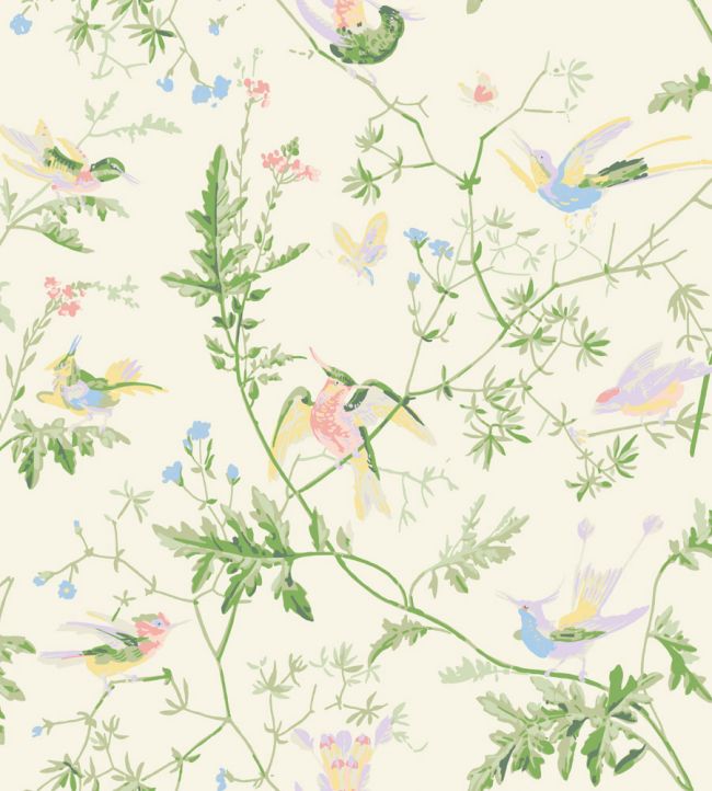 Hummingbirds Silk Fabric - Green