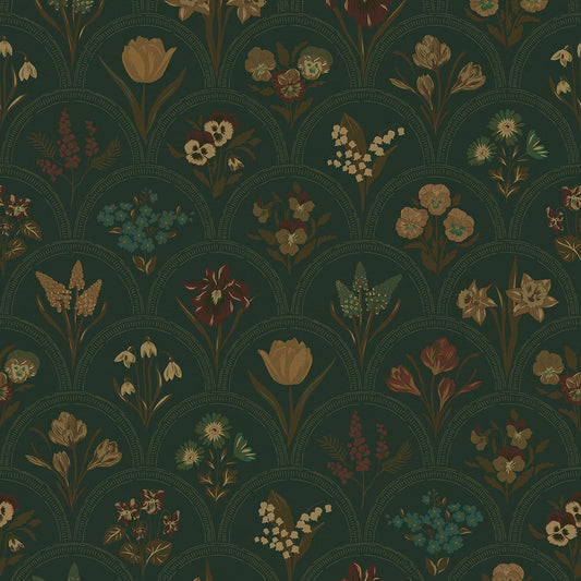 Flowers for Victoria Wallpaper - Rural Tones on Pine Green - Lucie Annabel