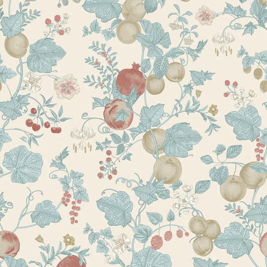 Forgotten Fruit Wallpaper - Duck Egg & Pomegranate on Vintage Cream - Lucie Annabel