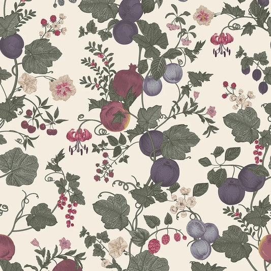 Forgotten Fruit Wallpaper - Nettle Green, Wild Plum & Lavender on Vintage Cream - Lucie Annabel