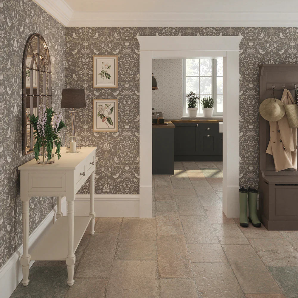 Garden Visitors Wallpaper - Earl Blue & Vintage Cream on Earl Grey - Lucie Annabel