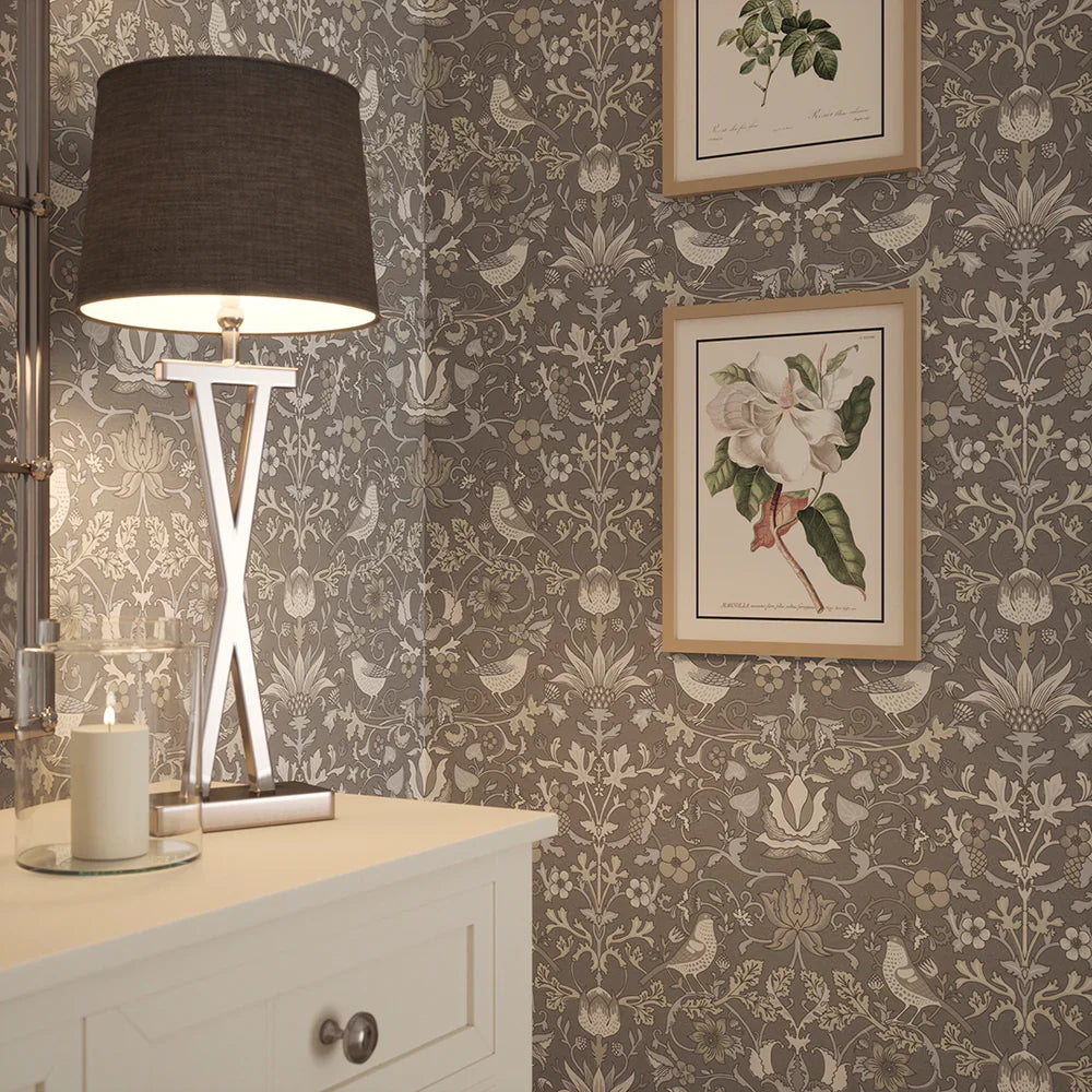 Garden Visitors Wallpaper - Earl Blue & Vintage Cream on Earl Grey - Lucie Annabel