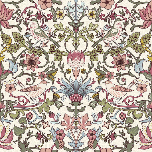 Garden Visitors Wallpaper - Raspberry, Mineral & Olive on Windsor Cream - Lucie Annabel