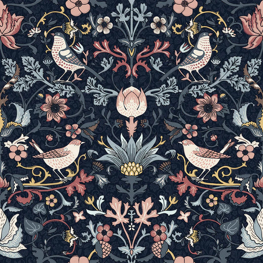 Garden Visitors Wallpaper - Shades of Rose & Mineral on Royal Navy - Lucie Annabel