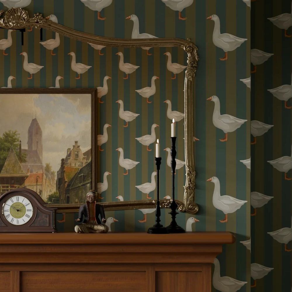 Guard Goose Wallpaper - Gentleman Green & Pine Green - Lucie Annabel