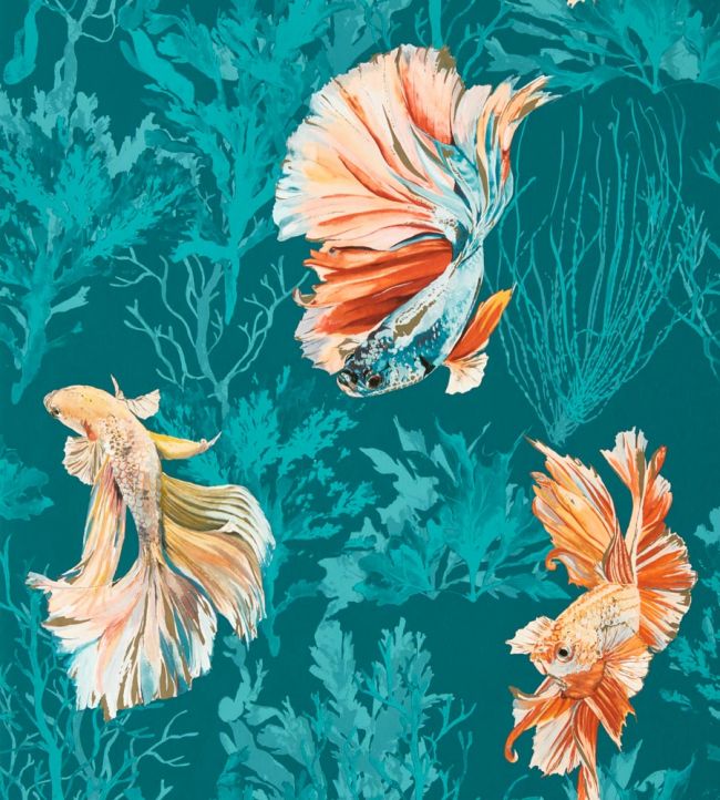 Halfmoon Wallpaper - Azurite/ Coral - HTEW112767 - Harlequin