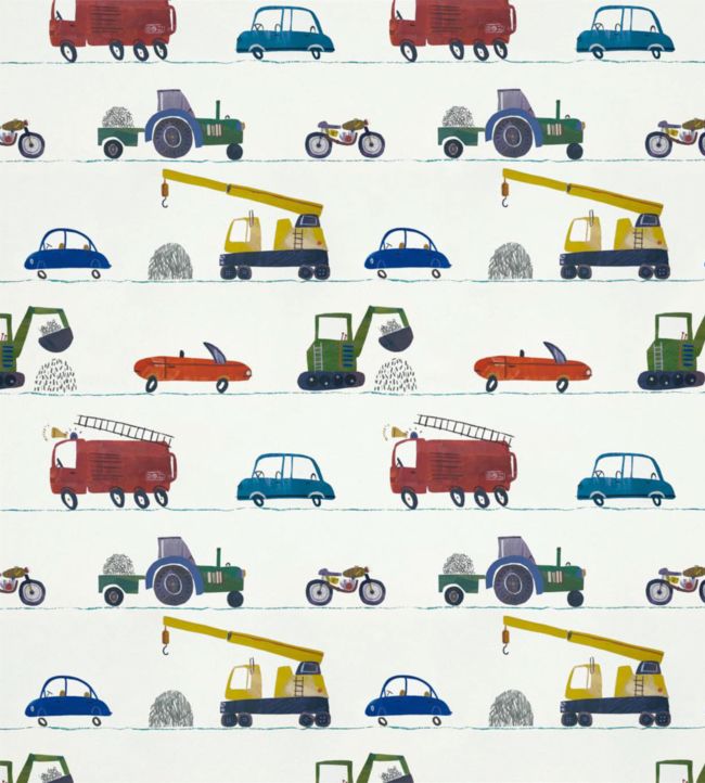 Just Keep Trucking Wallpaper - Tomato/Marine/Gecko - HLTF112643 - Harlequin