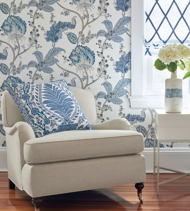Kalamkari Vine Wallpaper - Blue and White - AT78738 - Anna French