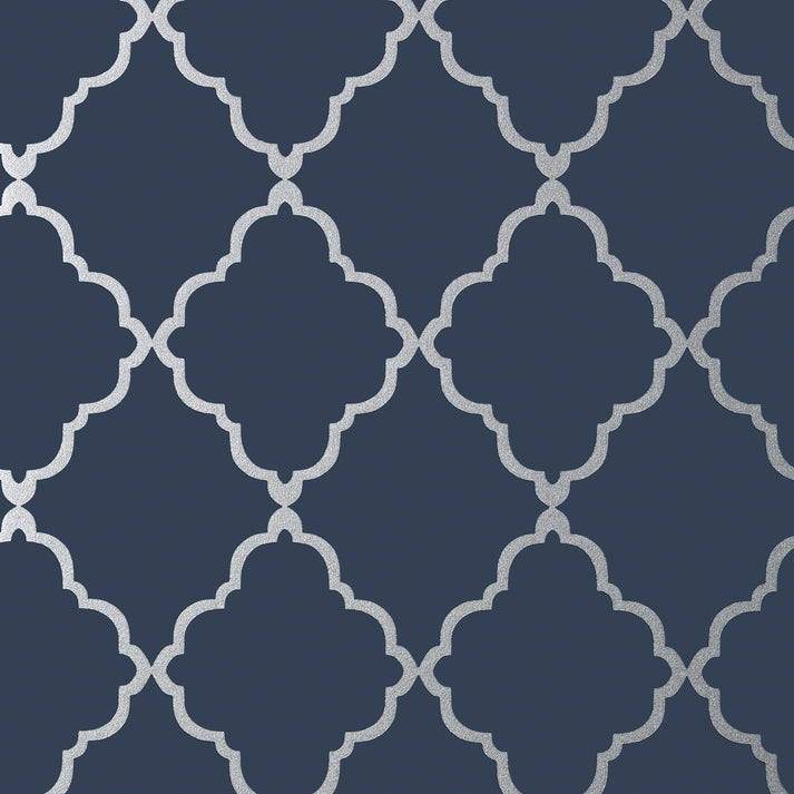 Klein Trellis Wallpaper - Silver on Navy - AT6060 - Anna French