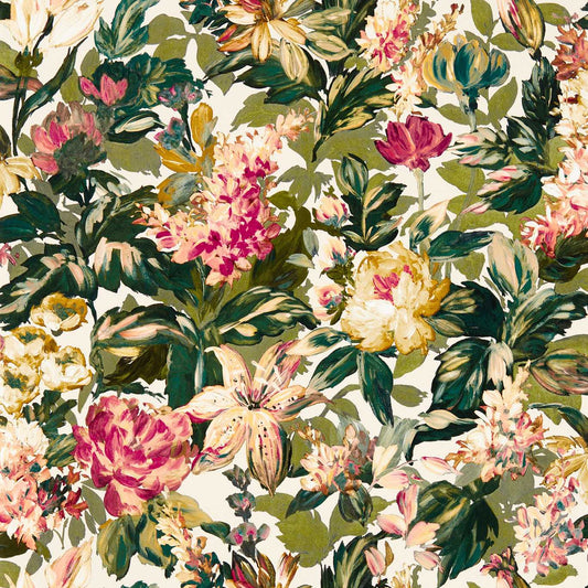 Lilum Wallpaper - Olive/Raspberry - Clarke & Clarke