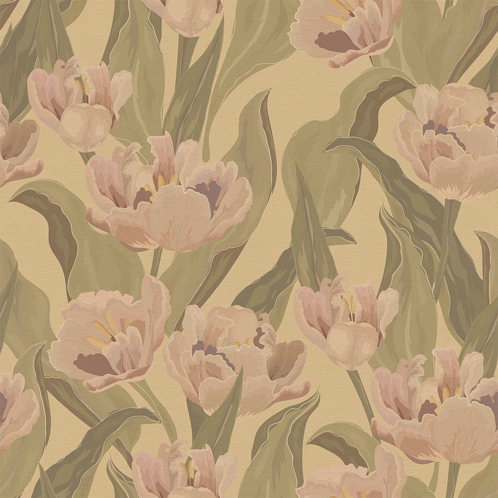 Monet Wallpaper - Olive & Dusty Pink on Ochre - Lucie Annabel