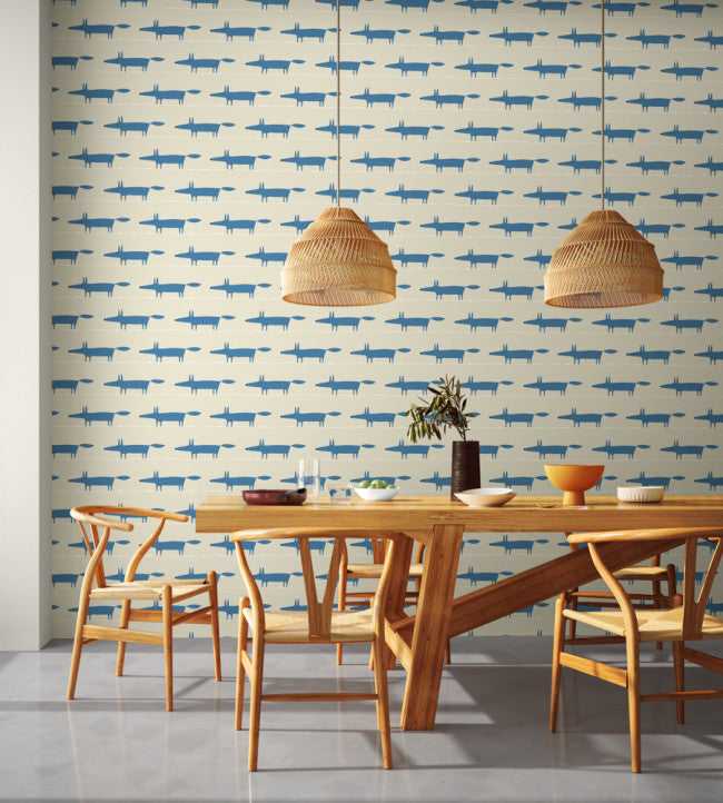 Midi Fox Room Wallpaper - Pebble / Denim
