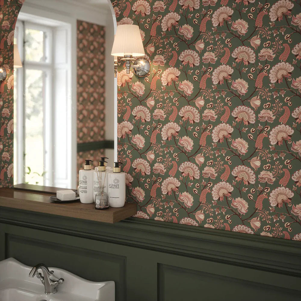 Ophelia Wallpaper - Moss & Blush Pink - Lucie Annabel