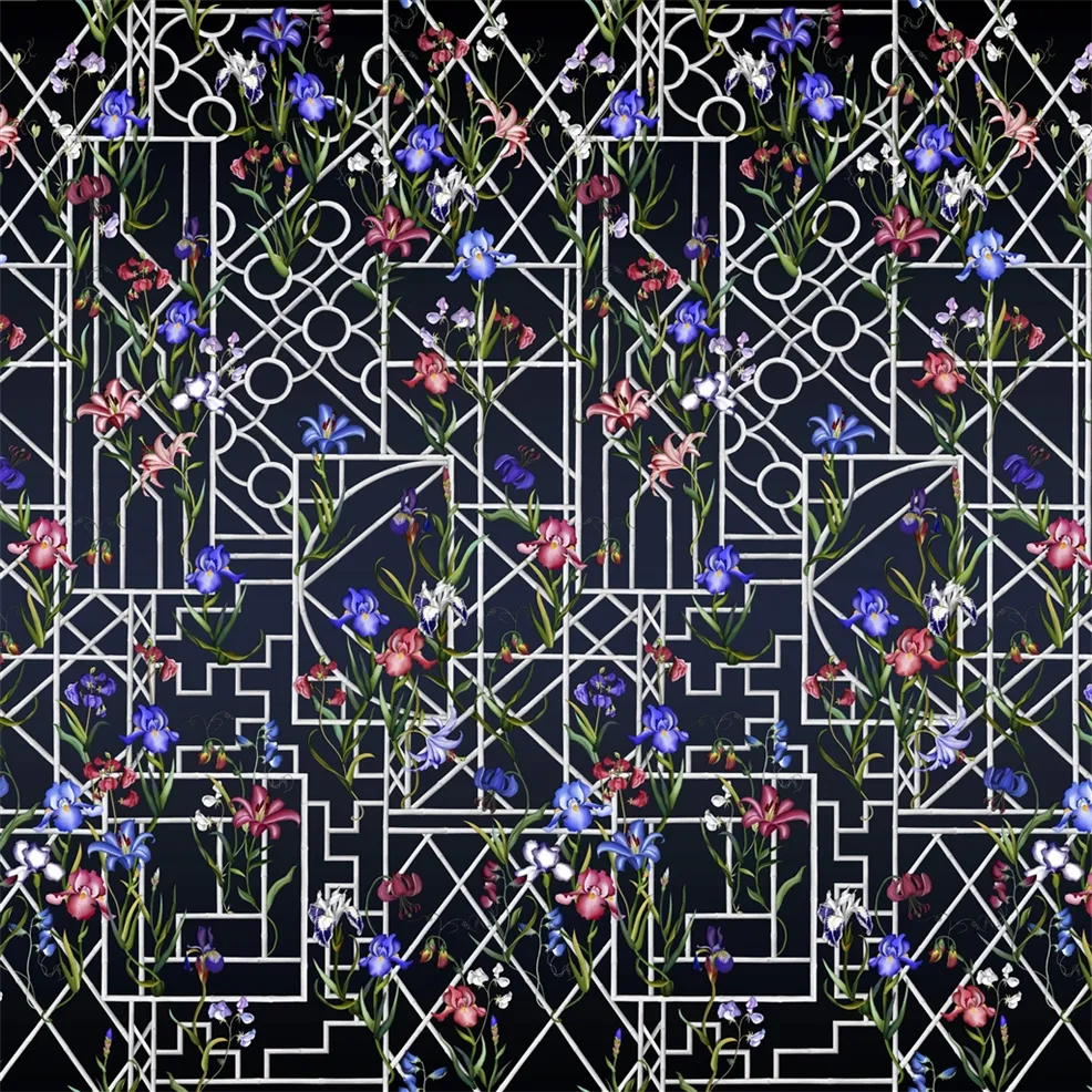 Fretwork Garden Panoramic Indigo Wallpaper - Blue - Christian Lacroix