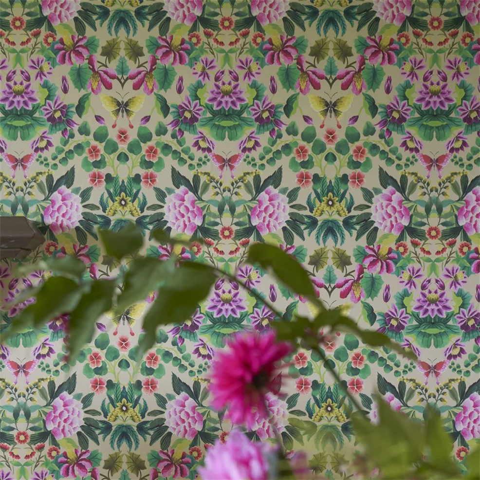 Ikebana Damask Fuchsia Room Wallpaper