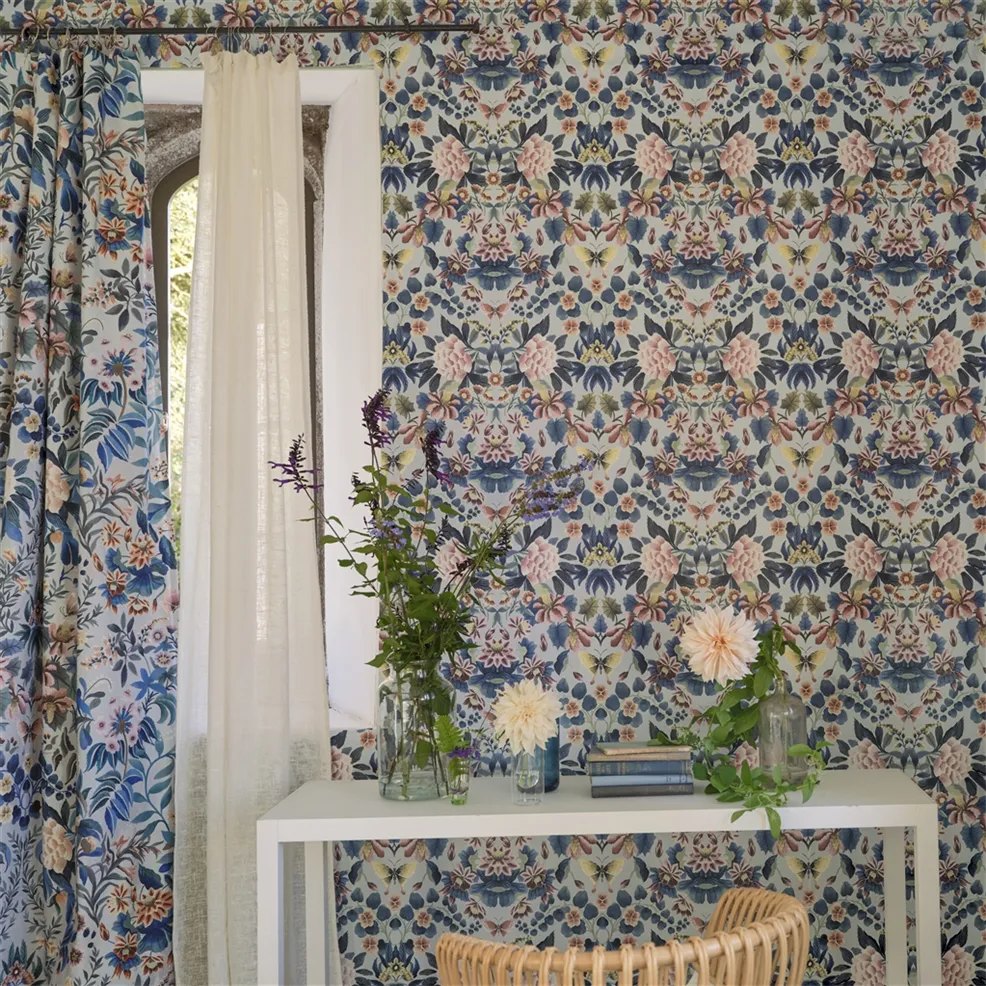 Ikebana Damask Slate Blue Room Wallpaper