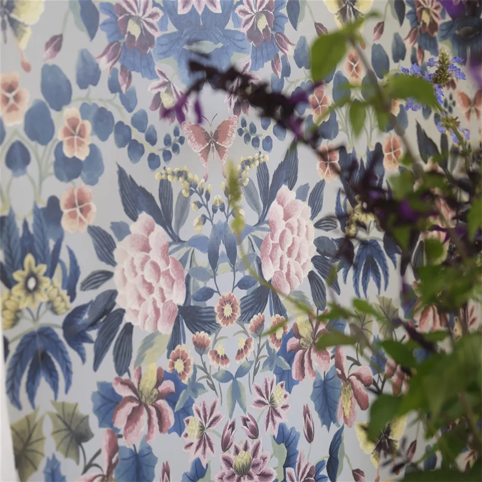Ikebana Damask Slate Blue Room Wallpaper