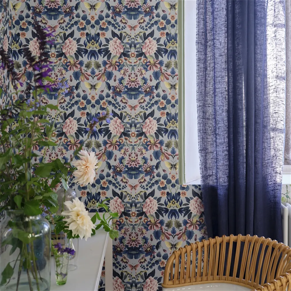 Ikebana Damask Slate Blue Room Wallpaper