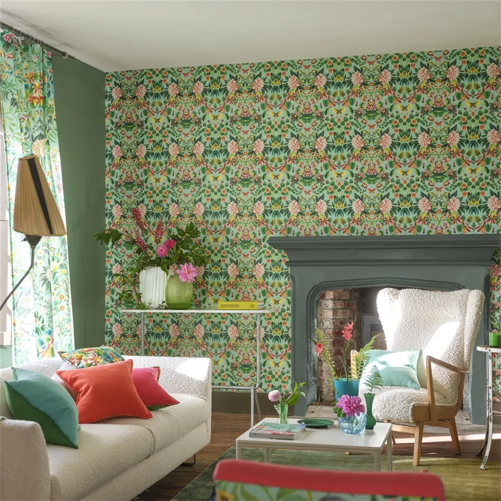 Ikebana Damask Aqua Room Wallpaper