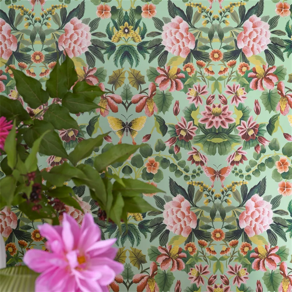 Ikebana Damask Aqua Room Wallpaper