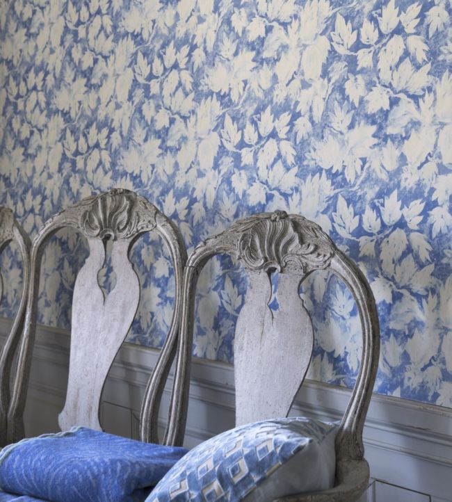 Fresco Leaf Room Wallpaper - Blue