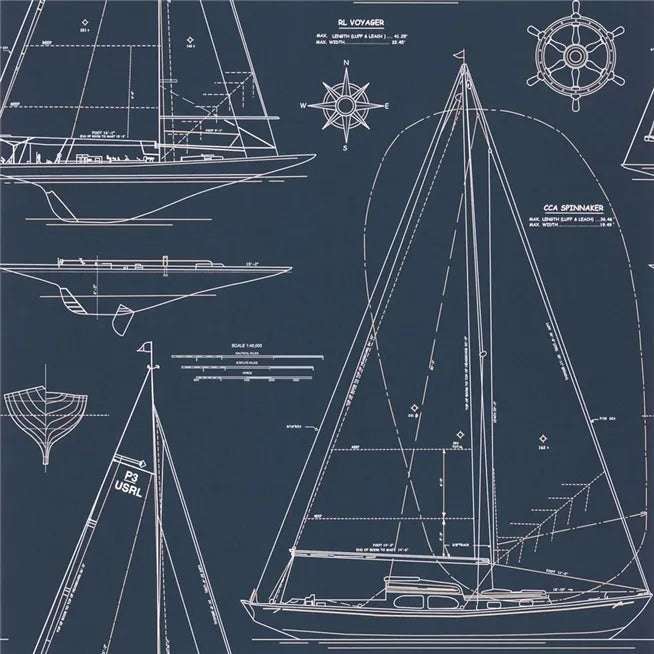 Boat Blueprint White On Dark Blue Wallpaper