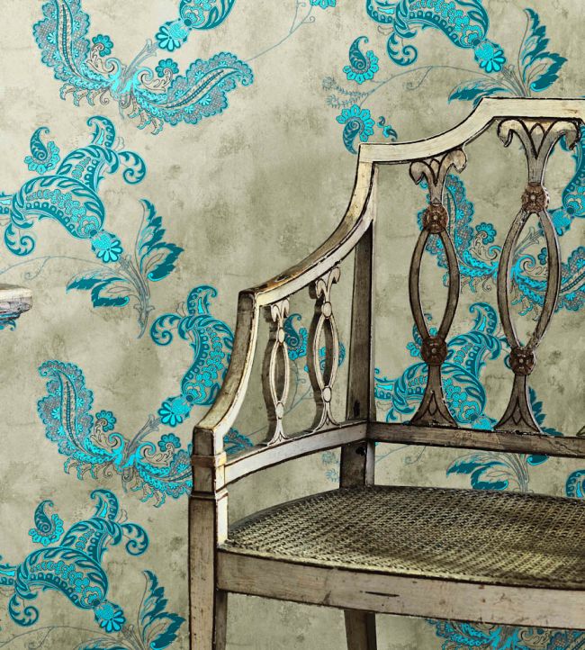 Paisley Wallpaper - Turquoise on Old Grey - BG0800-202 - Barneby Gates