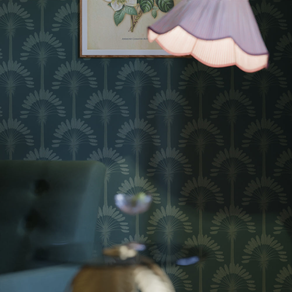 Palmette Wallpaper - Rustic Green on Teal - Lucie Annabel