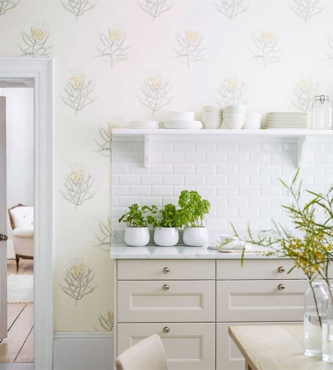Protea Flower Wallpaper - China Blue/Canvas - DART216327 - Sanderson
