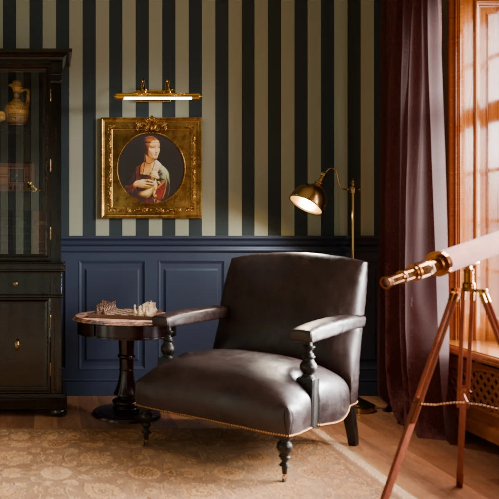 Regent Stripe Wallpaper - Oxford Blue & Warm Grey - Lucie Annabel