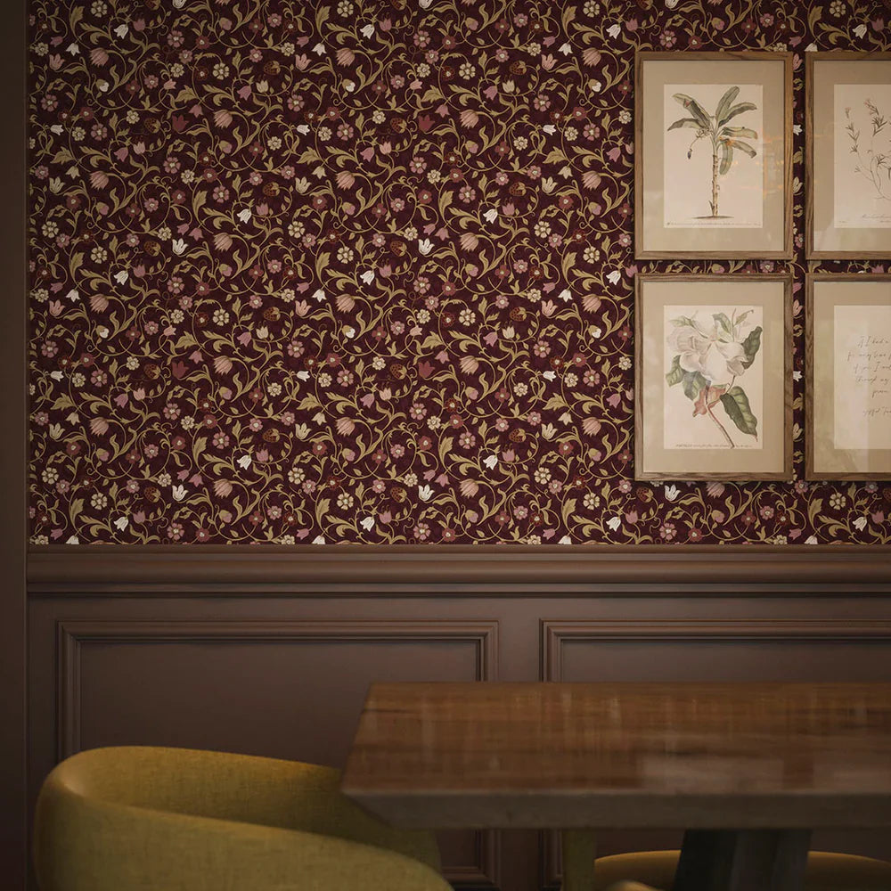Rosehill Cottage Wallpaper - Soft Pink & Gold on Fig - Lucie Annabel