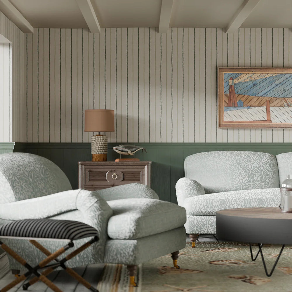 Shoreline Stripes Wallpaper - Slow Cooked Sage & Rustic Green on Sand - Lucie Annabel