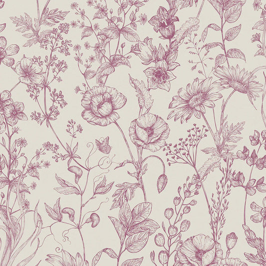 Sketched Meadow Wallpaper - Berry on Oatmeal - Lucie Annabel