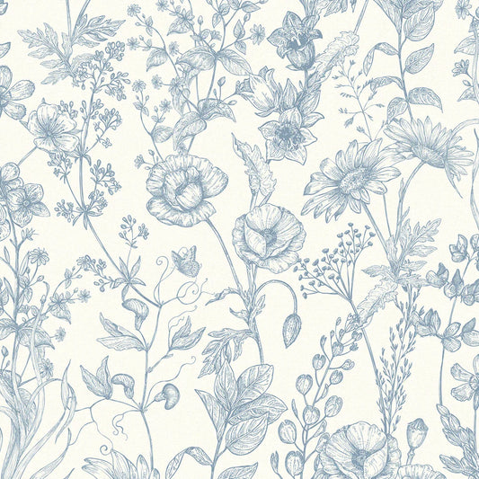 Sketched Meadow Wallpaper - Cornflower Blue on Cream - Lucie Annabel