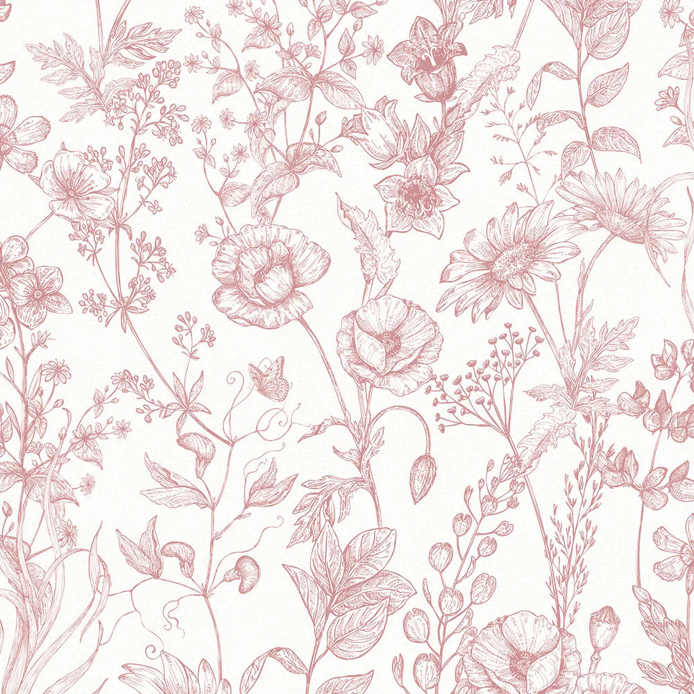 Sketched Meadow Wallpaper - Dusky Pink on White - Lucie Annabel