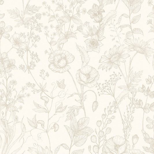 Sketched Meadow Wallpaper - Stone on Windsor Cream - Lucie Annabel