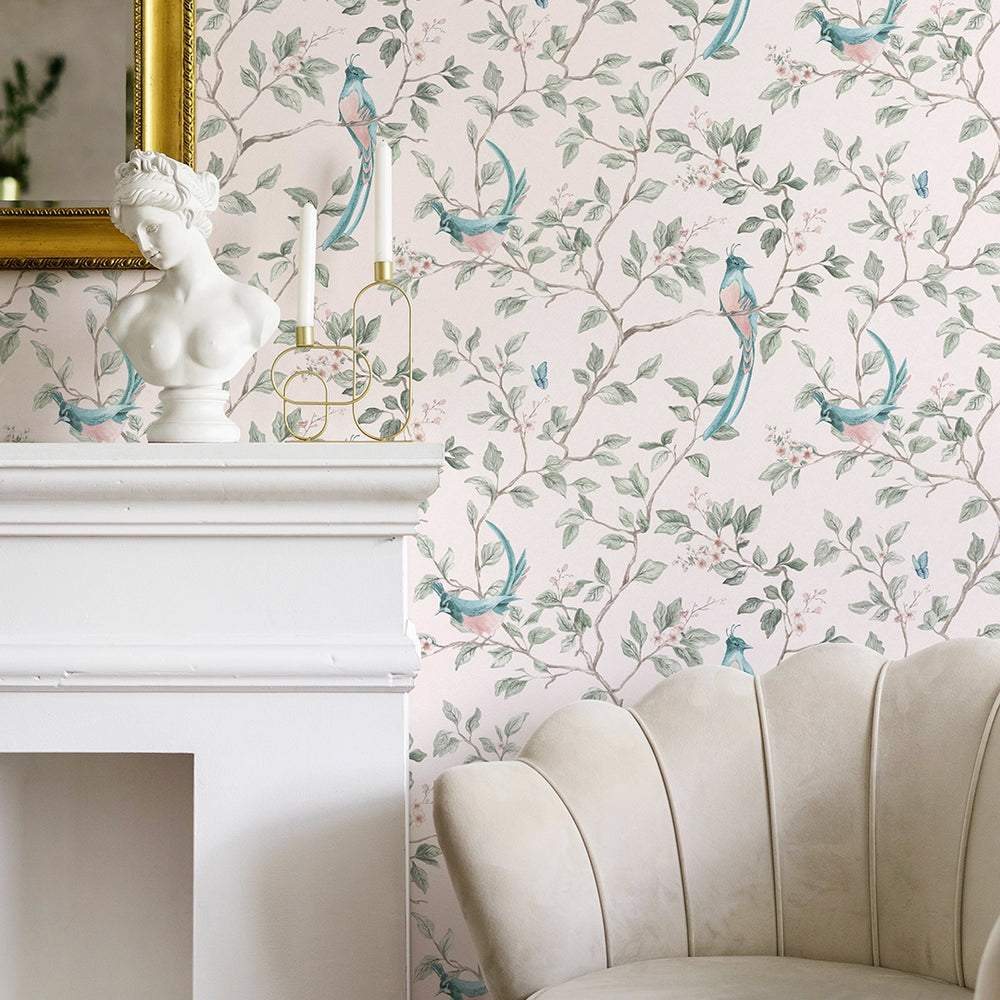 Song of The Lovebirds Wallpaper - Soft Pink - Lucie Annabel