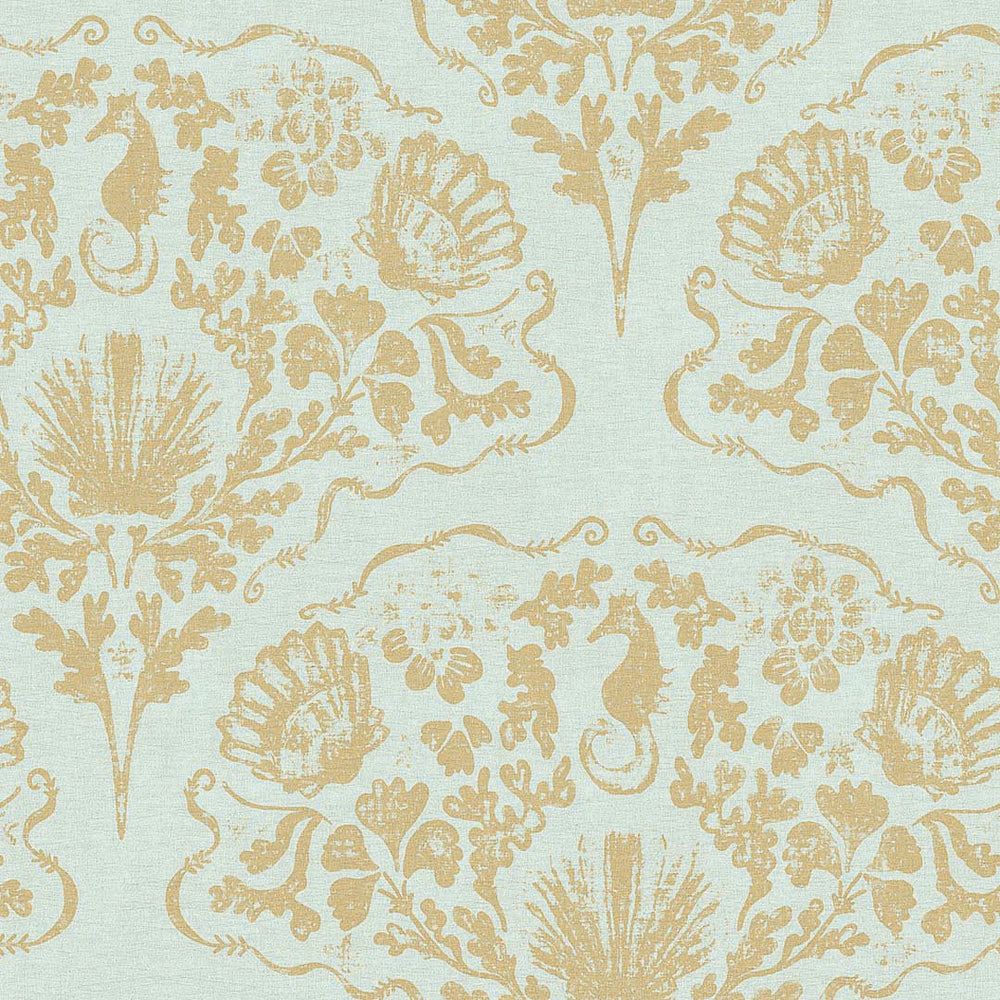 St. Mawes Lace Wallpaper - Antique Gold on Duck Egg - Lucie Annabel