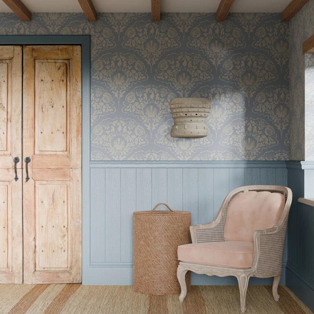 St. Mawes Lace Wallpaper - Pearl White on Cornflower Blue - Lucie Annabel