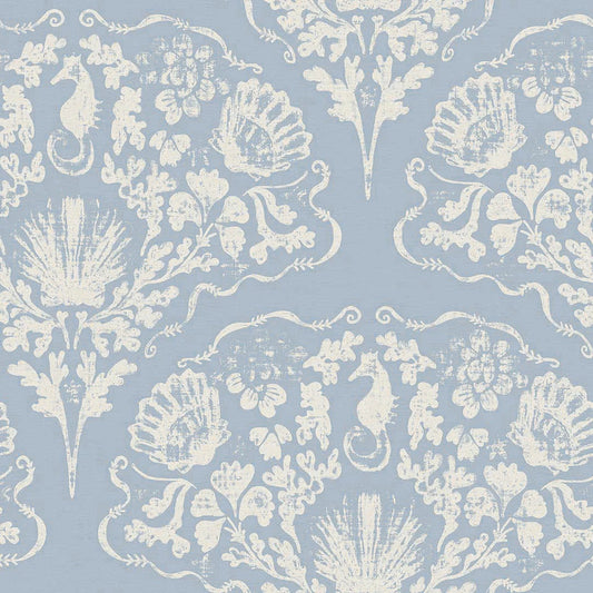 St. Mawes Lace Wallpaper - Pearl White on Cornflower Blue - Lucie Annabel