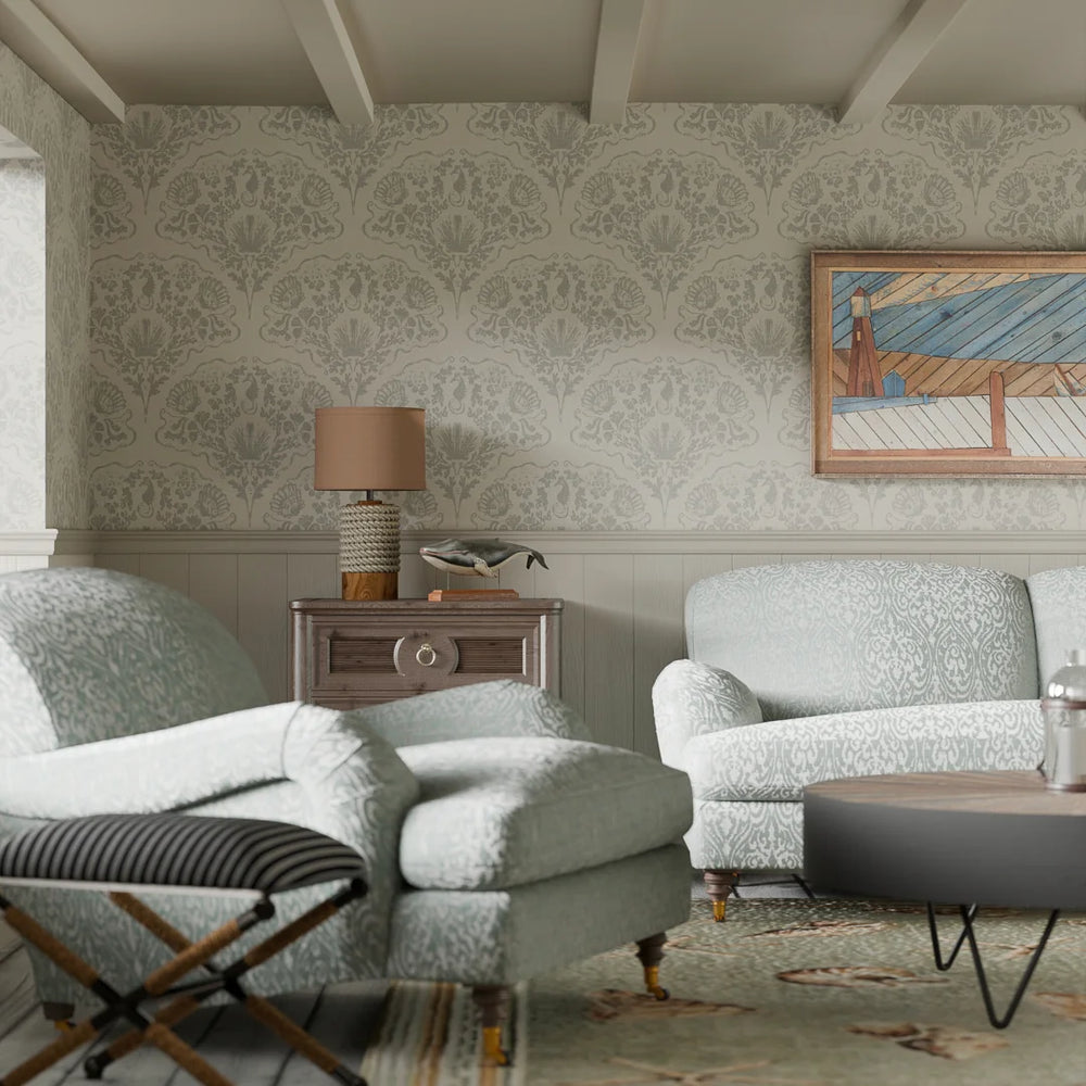 St. Mawes Lace Wallpaper - Soft Rustic Green on Vintage Cream - Lucie Annabel