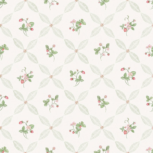 Strawberry Harvest Trellis Wallpaper - Summer Greens & Berry Red - Lucie Annabel