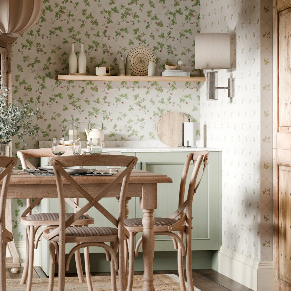Strawberry Harvest Wallpaper - Summer Greens & Berry Red - Lucie Annabel