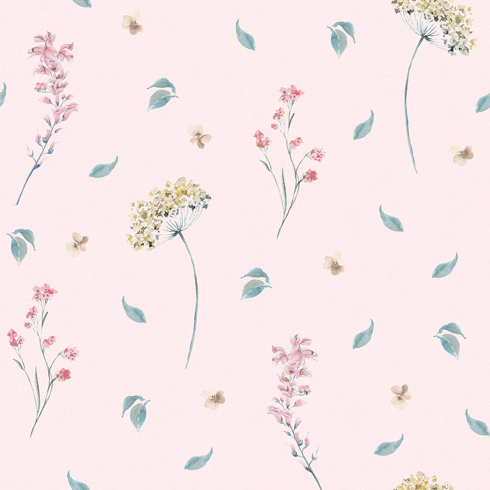 Sweet Meadow Wallpaper - Soft Teal on Pastel Pink - Lucie Annabel