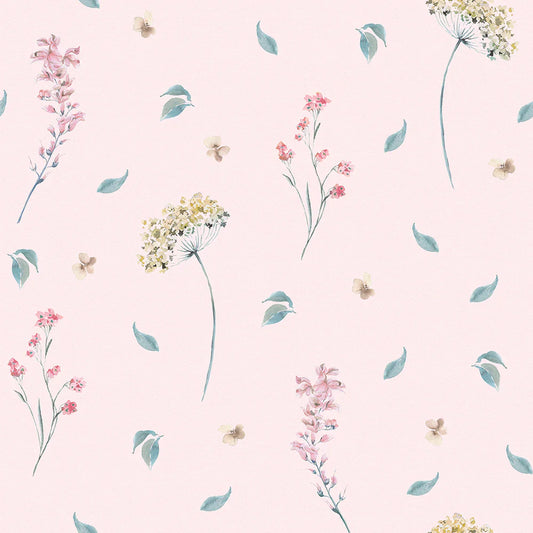 Sweet Meadow Wallpaper - Soft Teal on Pastel Pink - Lucie Annabel